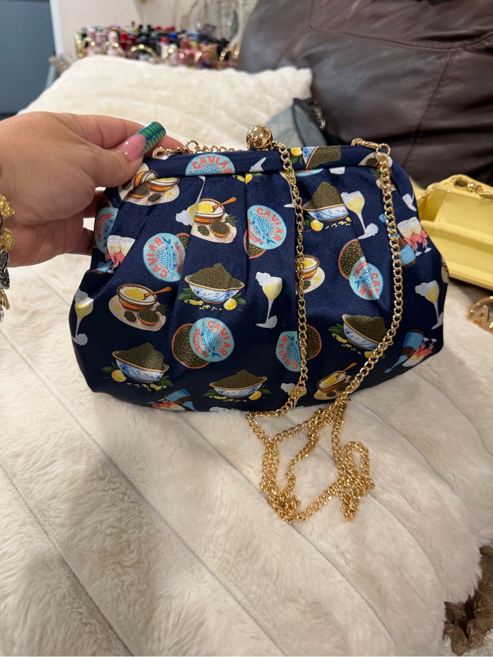 Navy Satin Print Chain-Handle Women’s Clutch